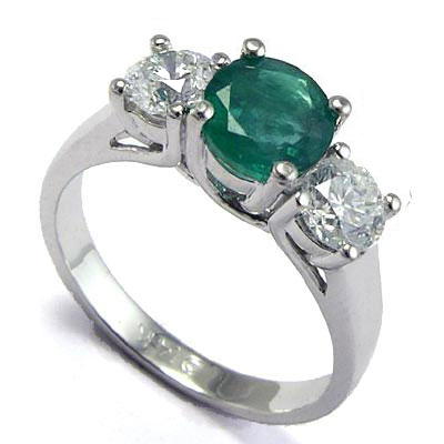 Emerald Diamond Three Stone Ring 14k Gold R625