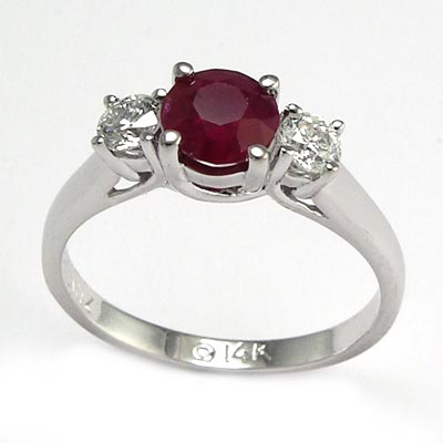 14k Gold Ruby Diamond Three Stone Ring R556