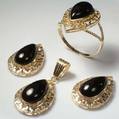 14k Yellow Gold Pear Cut Onyx Set earrings ring pendant $569.00 S203