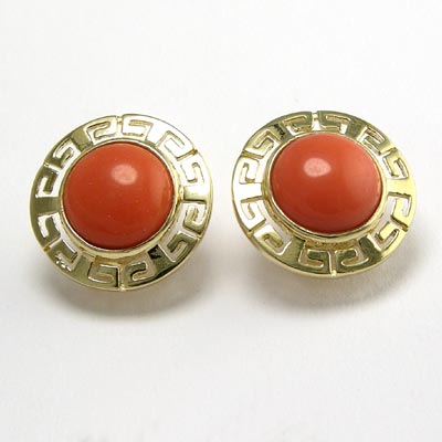 14k Gold Coral Greek Key Earrings E472