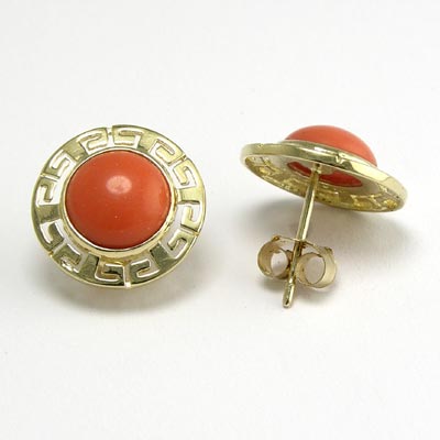 14k Gold Coral Greek Key Earrings E472