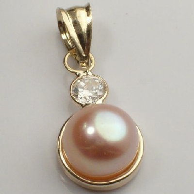 14k Gold 7mm Pearl & CZ Pendant P107