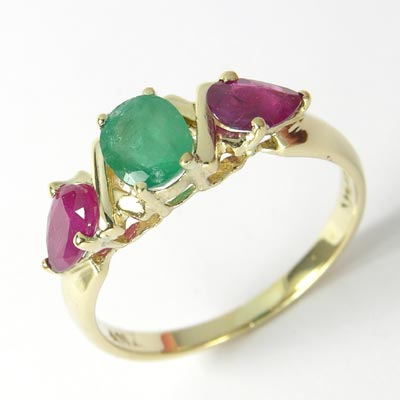 Three-Stone  Emerald Ruby Ring 14k gold R428