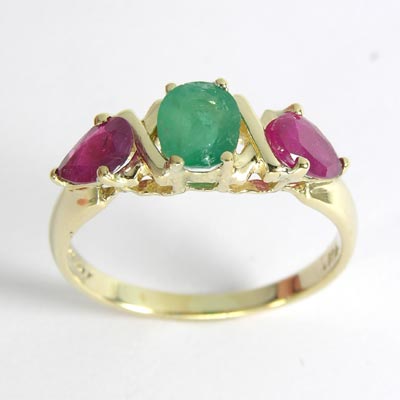 Three-Stone  Emerald Ruby Ring 14k gold R428