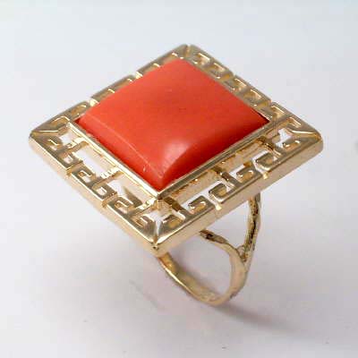 14k Gold Coral Greek key Ring R285