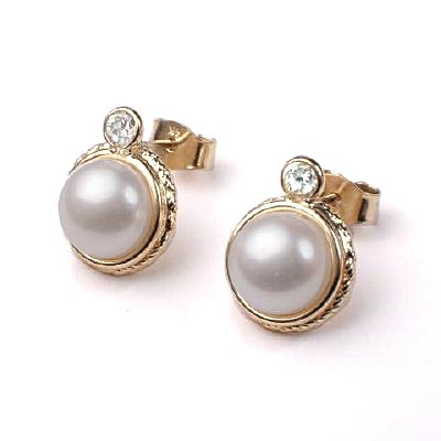 14k yellow Gold White 8mm Pearl CZ Earrings #E219