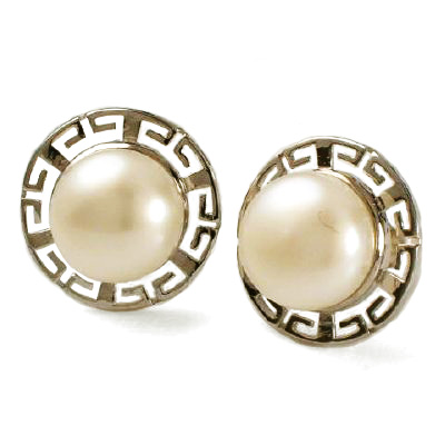 Greek key design Pearl Earrings in 14K Gold E308