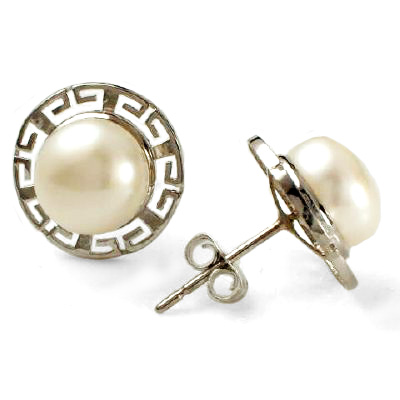 Greek key design Pearl Earrings in 14K Gold E308