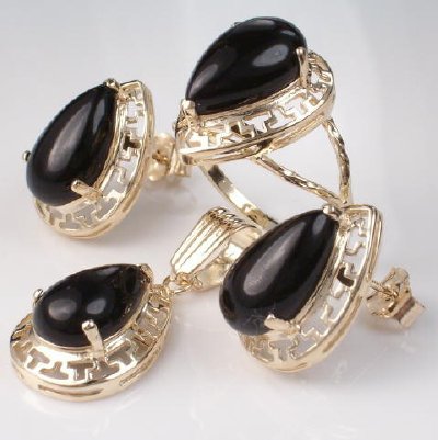 14k Gold Onyx earring ring Pendant set #S143
