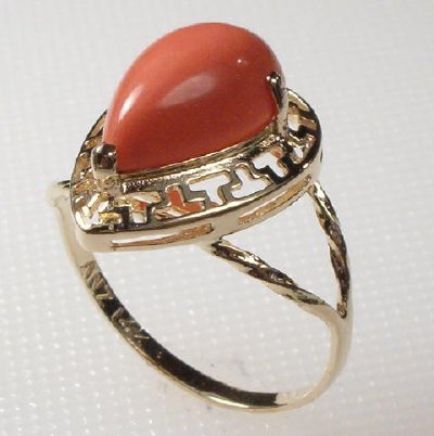 14k Gold Pear Cut Coral  ring earring pendant Set S165