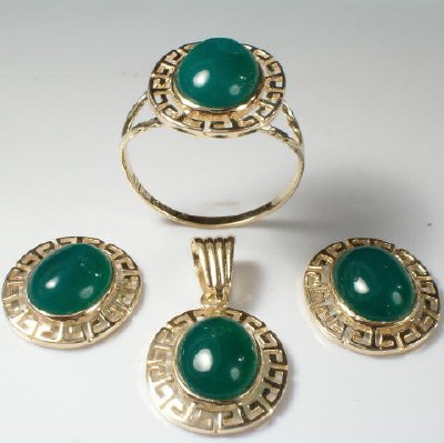 14k Gold Green Onyx Set Earrings, Pendant & Ring #S174