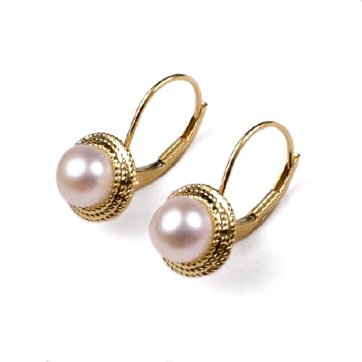 14k Gold 6mm Pink Pearl lever-back Errings E768