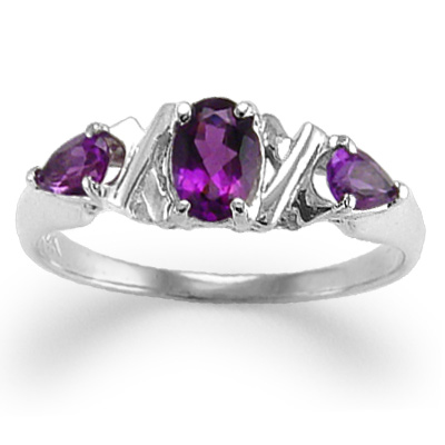 Mother's ring Three Stone Amethyst 14k R408