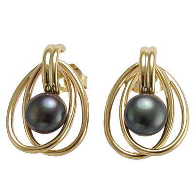 14k Gold Black Pearl Earrings E373