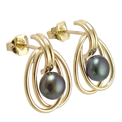 14k Gold Black Pearl Earrings E373