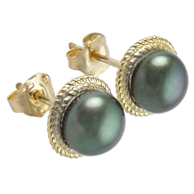 14k Gold and 6mm Genuine Black Pearl Earrings E202