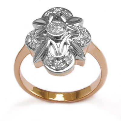 Russian Jewelry 14k Rose & White Gold Diamond Ring R953