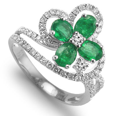 Diamond and emerald flower ring in 18k white gold R969 Diamond and emerald flower ring in 18k white gold R969