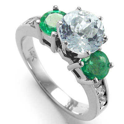 14k Gold Aquamarine diamond Emerald Ring R964