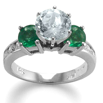 14k Gold Aquamarine diamond Emerald Ring R964