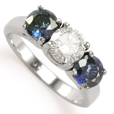Sapphire Diamond Three Stone Ring 14K R1055 Sapphire Diamond Three Stone Ring 14K R1055