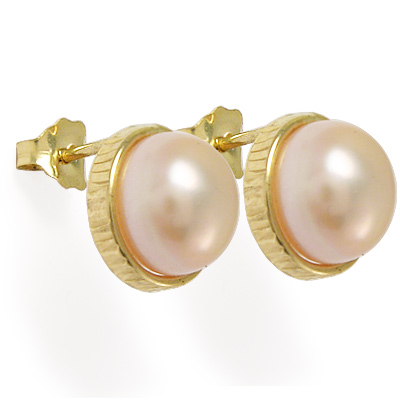 14K Gold Genuine Pink Pearl Earrings 8MM E858