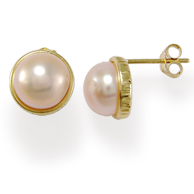 14K Gold Genuine Pink Pearl Earrings 8MM E858