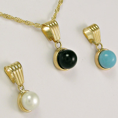 14k Yellow Gold Pearl, Onyx & Turquoise Pendant P472