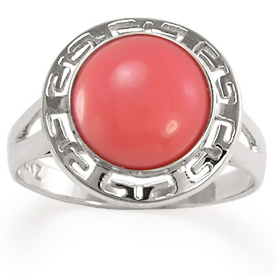 14k White Gold Greek Key Coral Ring R1114 14k White Gold Greek Key Coral Ring R1114
