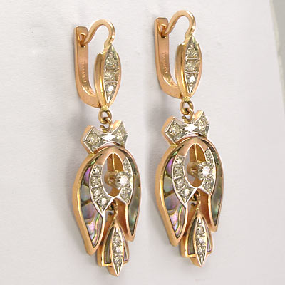 14k Rose Gold Diamonds & Shell Estate Earrings E891