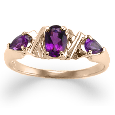 Mother's Three Stone Amethyst Ring 14k Gold R1221
