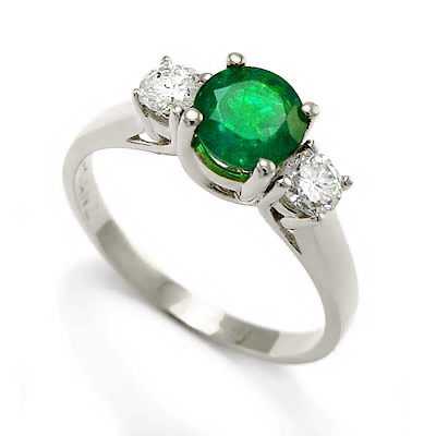 18k white Gold Emerald and Diamond Three Stone Ring #R1282