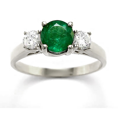 18k white Gold Emerald and Diamond Three Stone Ring #R1282