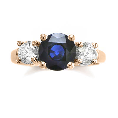 14k Solid Rose Gold Sapphire and Diamond Three Stone Lucida Ring #R1285