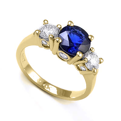 Sapphire and Diamond Three Stone Ring 14k Gold #R1286