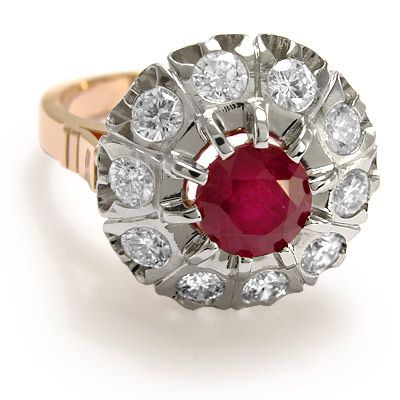 Russian Style Ruby and Diamond ring 585 Rose Gold R1315 Russian Style Ruby and Diamond ring 585 Rose Gold R1315