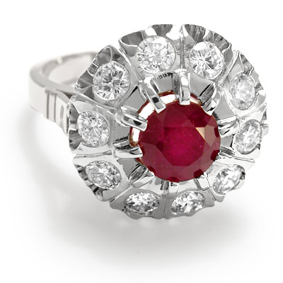 Russian Style Diamond and ruby ring 585 white gold #R1316