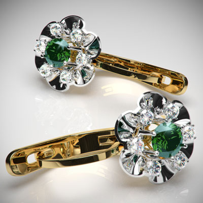 Russian style Earrings Emerald and Diamond 14k 585 E946 Russian style Earrings Emerald and Diamond 14k 585 E946