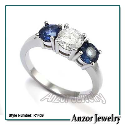 14k Gold Sapphire Diamond Three Stone Ring #R1439