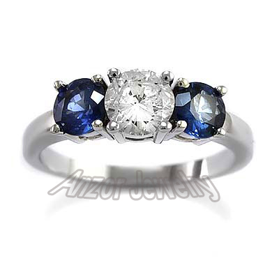 14k Gold Sapphire Diamond Three Stone Ring #R1439