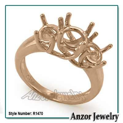 14k Rose Gold 3 Stone Trellis Ring Setting #R1470