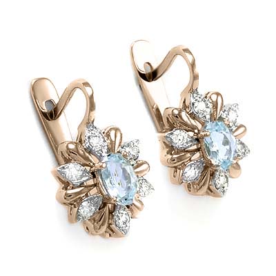 14k Russian Style Earrings Diamond and Aquamarine E973