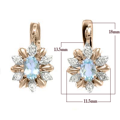 14k Russian Style Earrings Diamond and Aquamarine E973