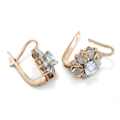 14k Russian Style Earrings Diamond and Aquamarine E973