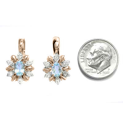 14k Russian Style Earrings Diamond and Aquamarine E973
