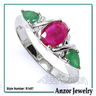 Three-Stone Genuine Emerald Ruby Ring 18k Gold R1457