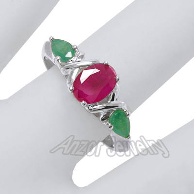 Three-Stone Genuine Emerald Ruby Ring 18k Gold R1457