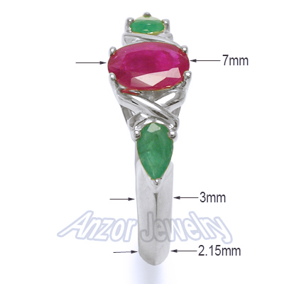 Three-Stone Genuine Emerald Ruby Ring 18k Gold R1457