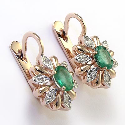 Russian Style Diamond Emerald Earrings 14k Gold E971