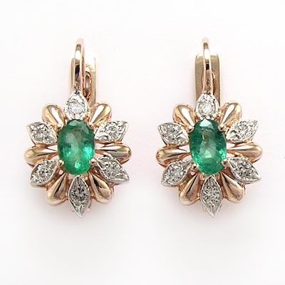 Russian Style Diamond Emerald Earrings 14k Gold E971